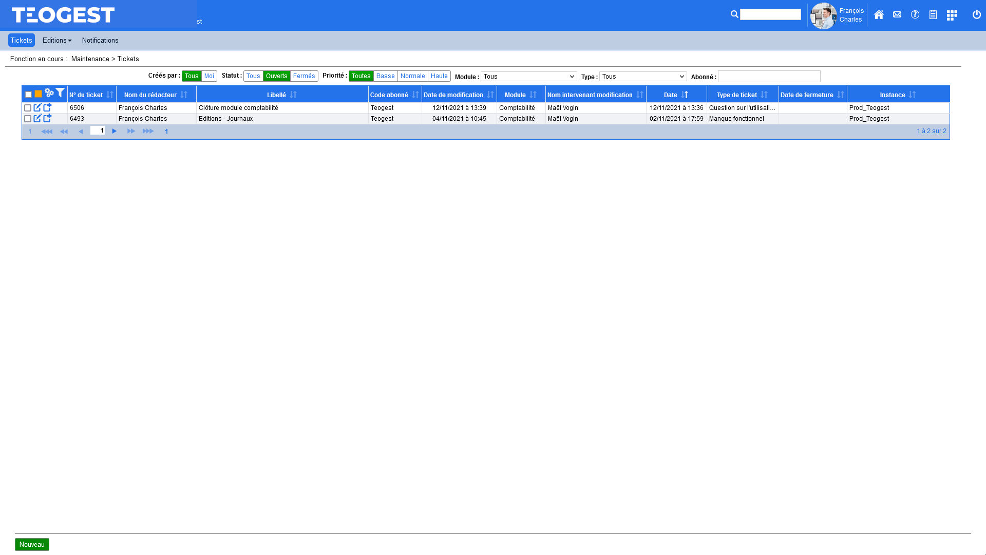 Liste des tickets ouverts par un utilisateur